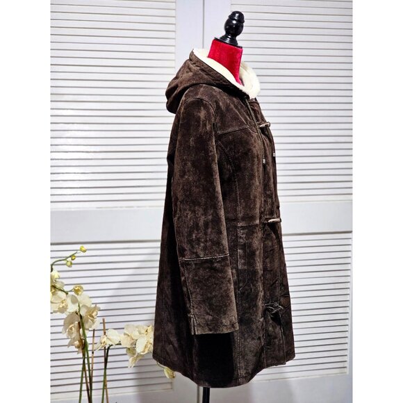 Covington Women's Brown Suede Leather Coat Faux Shearling Hood Size L 2203 - Picture 2 of 13